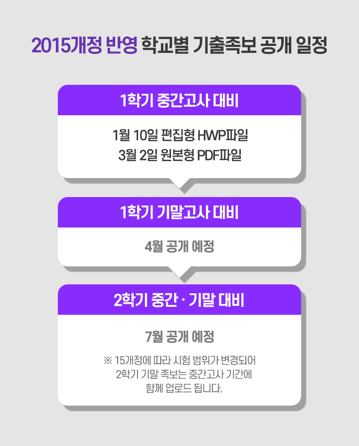 2015개정 반영 학교별 기출족보 공개 일정
